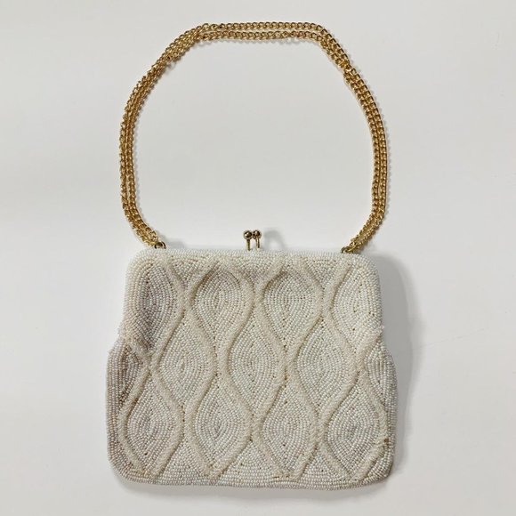 American Vintage Handbags - Vintage 80s white beaded hand bag cocktail evening wear gold chain strap